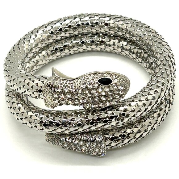 Silver Snake Memory Wire Bracelet Clear Rhinestones & Black Eyes Adjustable - Picture 2 of 11